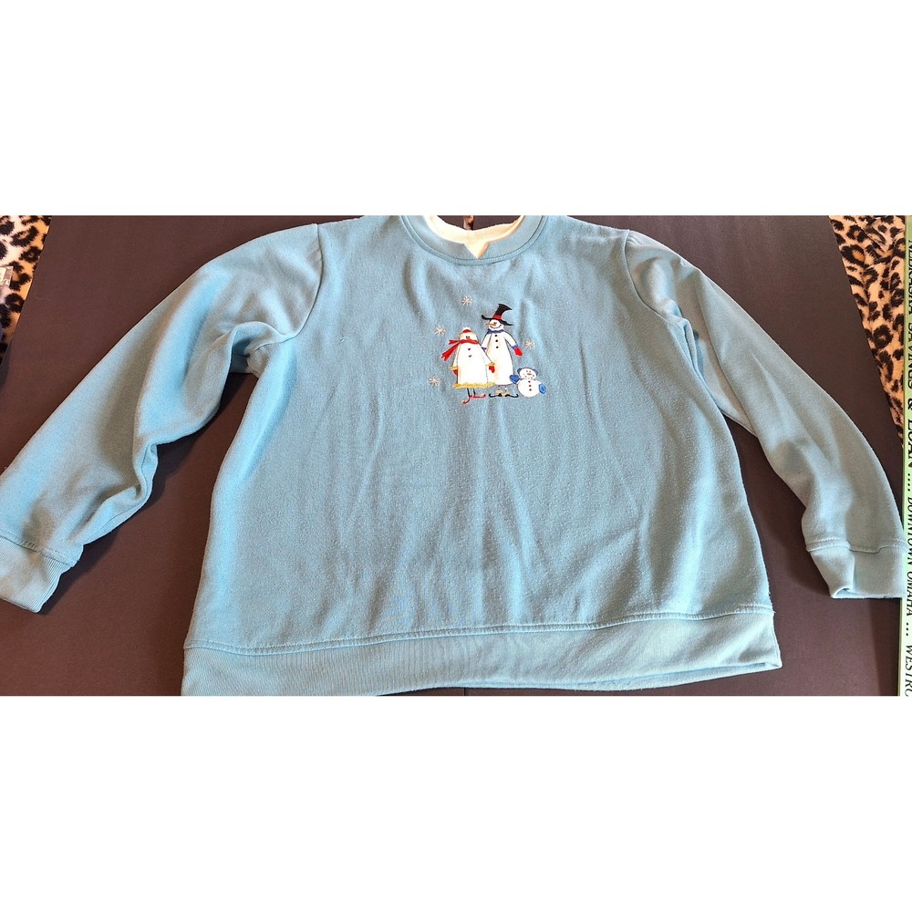 Studio Works Blue Snowman Family Embroidered Sweatshirt Large Winter Holiday